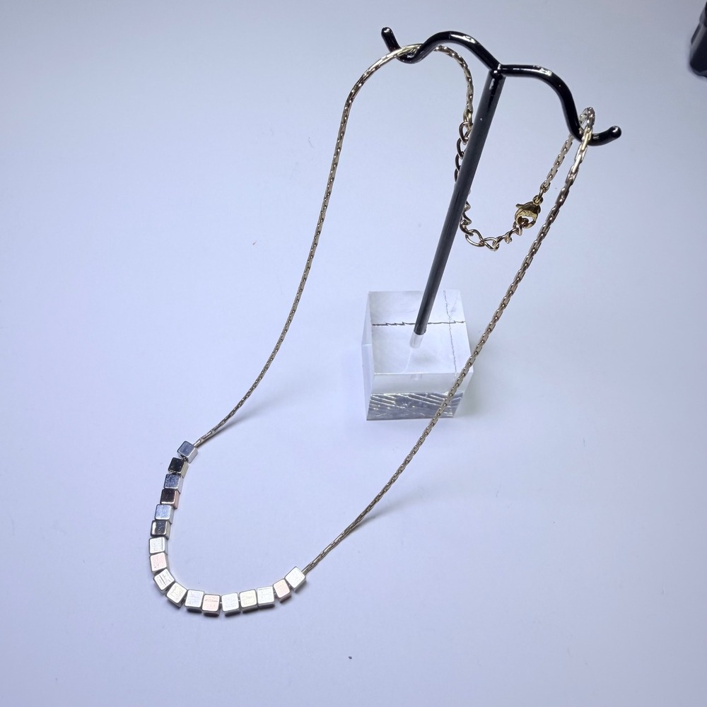 Mixed Metal Cube Bead Geometric Necklace Gold Silver Rose Gold Tone Minimalist